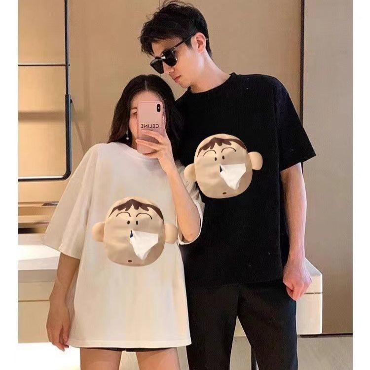 Tay ngắn Dumb Rút Khăn Giấy 100 Áo thun cotton nguyên chất chảy nước mũi khăn giấy Nam phụ nữ phụ huynh vui nhộn Áo len dài tay ngắn tay rộng rãi
