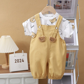 (6m-8Y) Quần Áo Cho Bé Toddle In Hình Gấu Hoạt Hình Tay Ngắn + Dây Treo 2 Dây Đeo Bé Trai Bé Gái Bộ Phong Cách Thời Trang Hàn Quốc