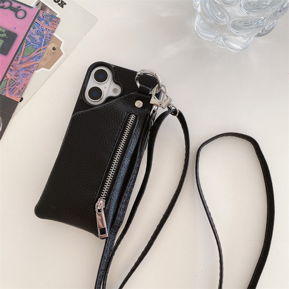 Ốp Điện Thoại Đeo Ngang Cho IPhone 13 12 Mini 16 15 14 11 Pro XS Max X XR 7 8 Plus Ví Dây Kéo Có Đựng Thẻ Da PU