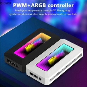 Qiuwu ARGB Bộ chia HUB tất cả trong một với 4Pin PWM để làm mát máy tính Bộ tản nhiệt CPU SYNC Bộ điều khiển từ xa dải đèn LED 5V 3Pin.