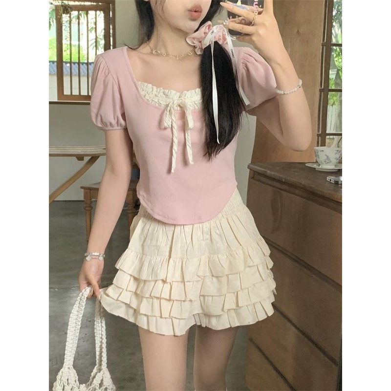 Áo brandy coquette tay ngắn cổ vuông chất thun tăm phối chân váy bèo dáng nhẹ nhàng siêu xinh Lady CRT4