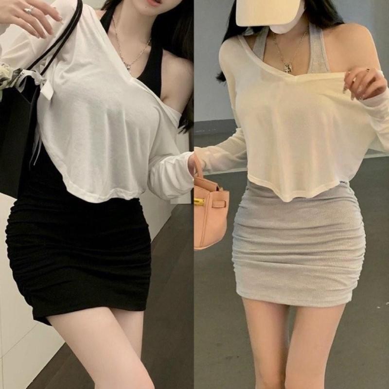 Sét đầm choàng cổ áo khoác ngoài( áo khoác lụa đầm gân) Thun