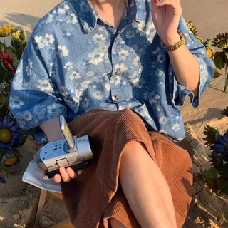 Áo sơ mi Denim in hoa, tay ngắn phong cách Hawaii du lịch kỳ nghỉ