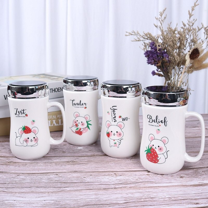 Cốc sứ giữ nhiệt có quai cầm,ca sứ uống nước nắp đậy tráng gương 400ml