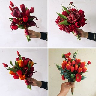 Bó hoa cưới cầm tay cô dâu màu đỏ  truyền thống từ hoa nhân tạo CEVERIA C0249