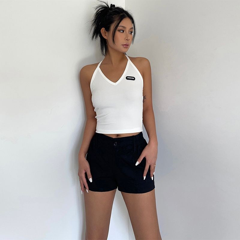 Quần Short Nữ Retro Thiết Kế Đơn Giản Thắt Lưng Co Giãn Túi Làm Việc