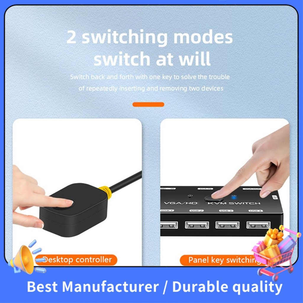 KVM Switch VGA + -Công tắc KVM 1080P tương thích với cổng USB 2.0 cho 2 máy chủ Chuột chia sẻ Màn hình Keyboad Dễ sử dụng