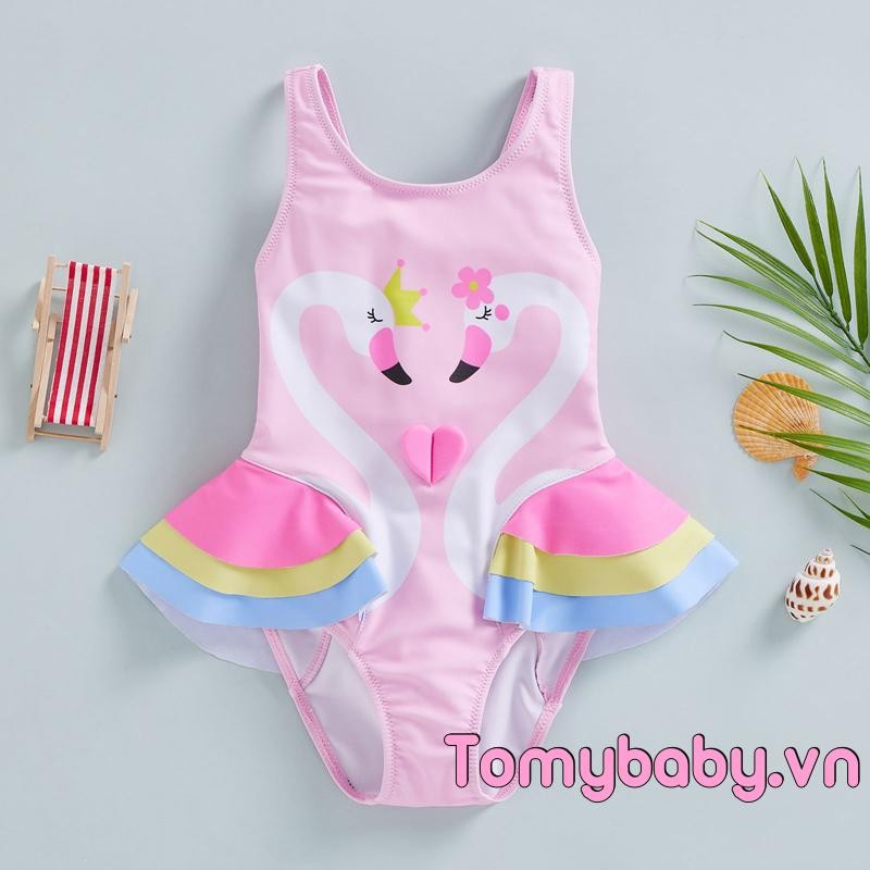 Đồ bơi trẻ em bé gái không tay cổ tròn in hình thiên nga đi biển mùa hè Ruffle Bộ đồ tắm một mảnh