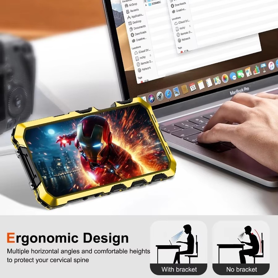 Ốp Lưng Silicon Chống Rơi Bao Màn Hình Giá Đỡ Cho iPhone 16 15 Pro Max 14 Vỏ Điện Thoại Kim Loại Chống Sốc Bảo Vệ Chắc Chắn