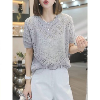 [Tất cả các trận đấu mỏng hơn] Áo thun dệt kim rỗng móc ngắn tay nữ 2025 Tính khí mùa hè Tất cả @ -