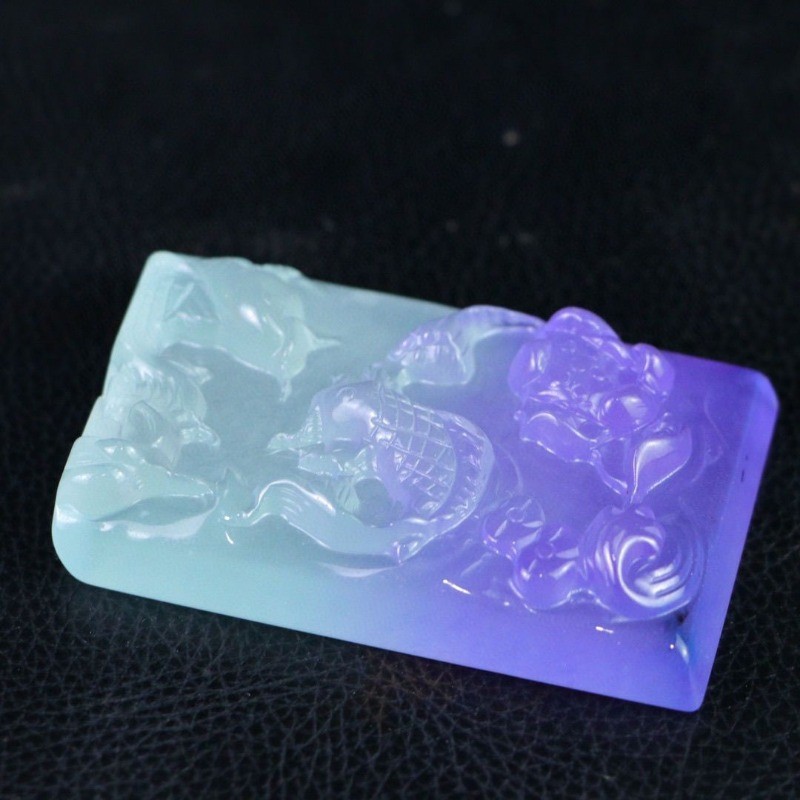 Hoàn Hảo Ice Loài Tím Nổi Xanh Khắc Cá Chơi Sen Mặt Dây Chuyền Ngọc Mặt Dây Chuyền Trang Sức Tinh Tế