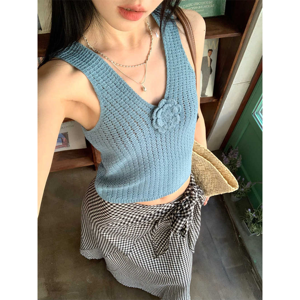Áo camisole đan cổ V cho phụ nữ, áo khoác ngoài không tay ôm sát màu xanh mùa hè