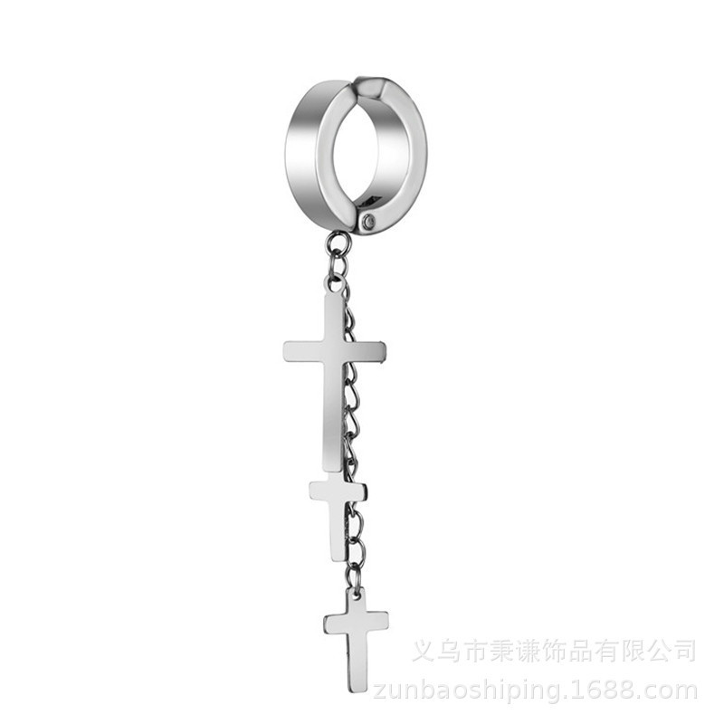Bông tai ba chữ thập bằng thép titan không có lỗ tai nam Bông tai khóa Tua Rua Bông tai chữ thập Bông tai cá tính