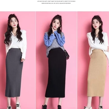 Váy dệt kim xẻ đôi Cashmere dày Hai chiều dài Sợi xơ lõi Dải rãnh Váy ren Váy dài Váy dệt kim Váy dài Váy dệt kim Váy dài đến đầu gối Váy len dệt kim phong cách Hàn Quốc Váy len dệt kim nữ