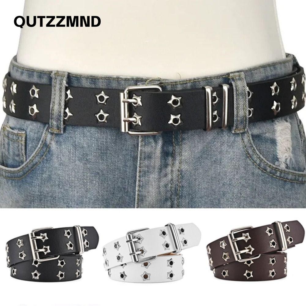 Thắt lưng da Gothic QUTZZMND, Thắt lưng đinh tán hình ngôi sao Hip Hop, Punk Rock Style Double Pin Buckle Thắt lưng