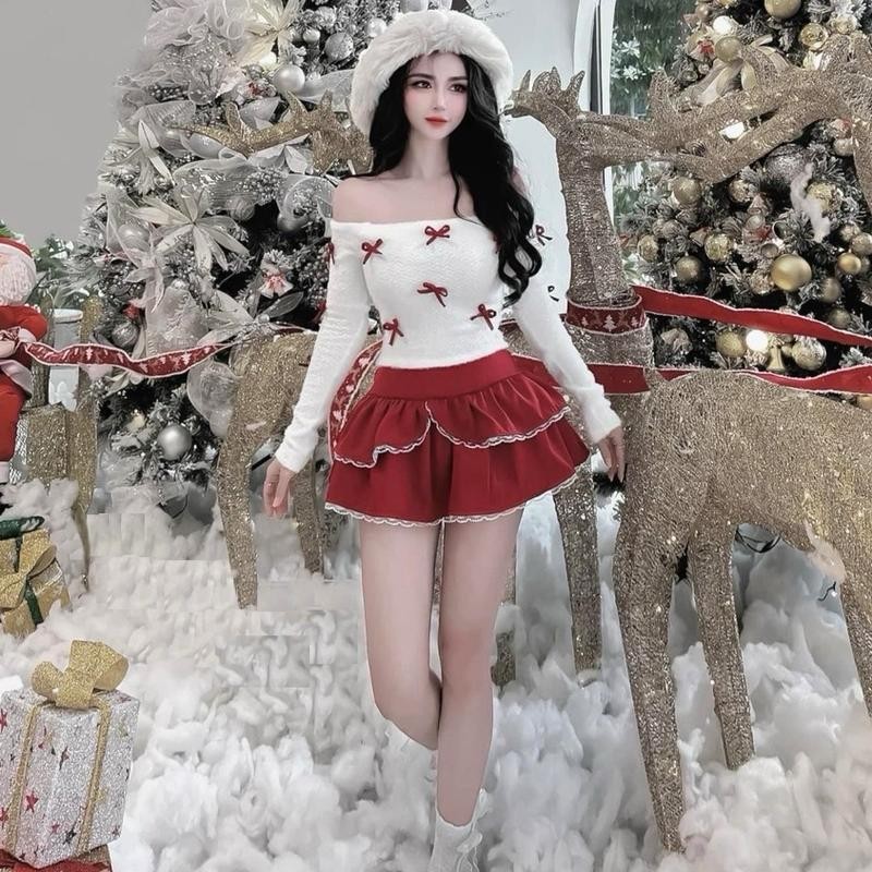 Sét áo thun lông Nhiều Nơ tay dài và chân váy 2 tầng phối ren lưng thun eo 58-75cm Free Size dưới 53kg Nữ Voi Top