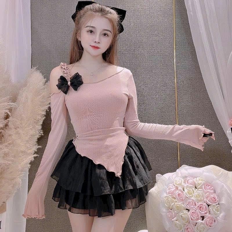 Áo thun đính nơ dây một bên vai , vạt xéo Nữ Top