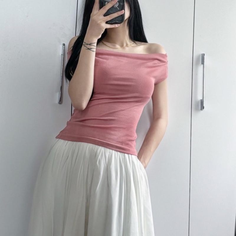 Áo Trễ Vai Chất Thun Co Dãn Nữ Top Nhiều Kiểu Mặc Women Cổ Tròn
