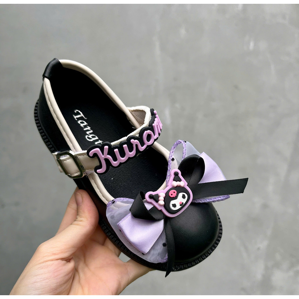 giày búp bê Kuromi bé gái giày bệt cho bé da PU mềm êm chân nơ chấm bi xinh xắn đen trắng QCCC full hộp Kuromi7003