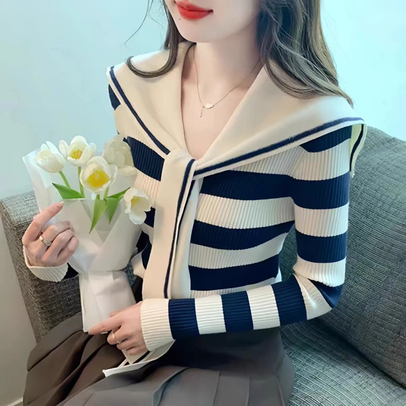 Suxi Pháp Retro Sọc Thu Đông Mới Áo Len Dệt Kim Dài Tay Áo Len Nữ 241118