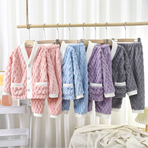Trẻ Em Flannel Bộ Đồ Ngủ Thu Đông Dày Jacquard Cánh Cứng Lông Cừu Dài Tay Quần Vừa Lớn Trẻ Em Màu Trơn Cardigan Loungewear 90-160 QWQ