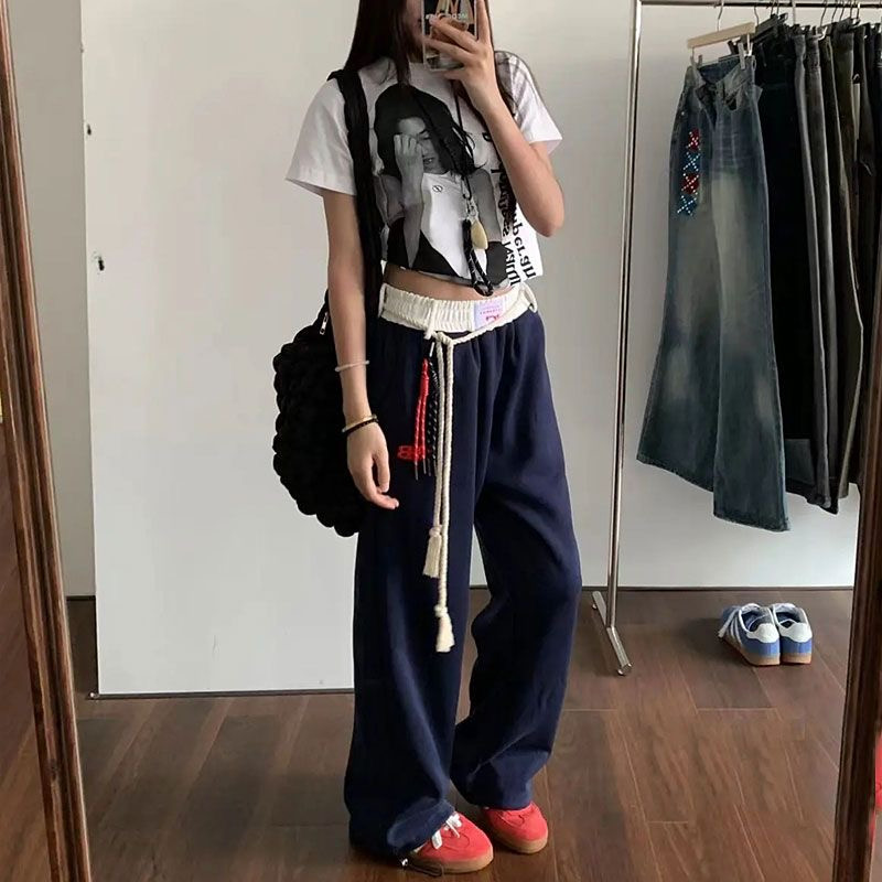 Suxi Thể Thao Mỹ Thu Đông Phong Cách Mới Pháp Retro Cổ Cao Cấp Dây Rút Nữ Rời Chân Thẳng Quần Ống Rộng 241120
