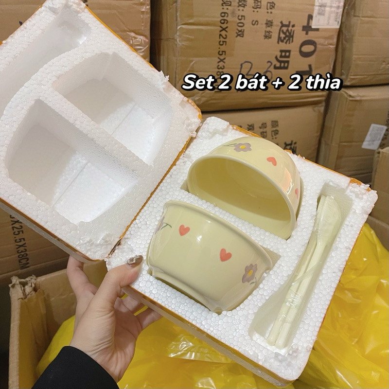 Set 2 Bát Ăn Cơm Bằng Sứ Hình  Mặt Cười Smile Cute