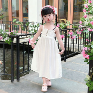 Váy Maxi Trắng 2 Dây  Chất Jean Lụa Siêu Mềm Đi Biển Cho Bé Gái (Qua bắp chân) 8-26kg
