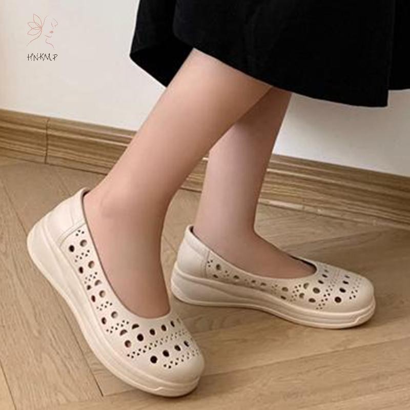 Hnkmp Mùa Hè Mới Rỗng Giày Thời Trang Đế Bằng Màu Trơn Nông Miệng Đậu Giày Nữ Mặc Bên Ngoài Lỗ Giày.
