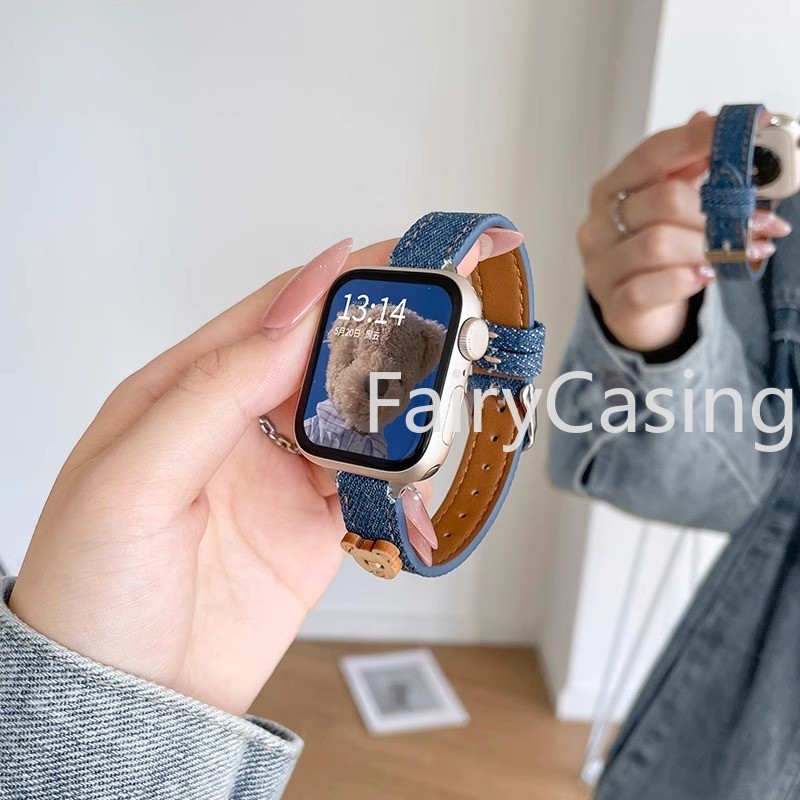 Dây đeo Denim gấu nhỏ cho Apple Watch Series 10 9 8 7 38 40 41mm 42mm 44 45mm 46mm Ultra2 49mm iwatch Vòng tay mỏng