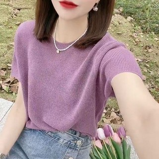 Trạm Châu Âu Mỏng Cổ Tròn Băng Lụa Dệt Kim Đơn Giản Áo Thun Nữ Tay Ngắn Thời Trang 2024 Màu Trơn Top Hợp Thời Trang