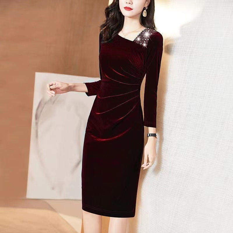 Phụ Nữ Nhung Dài Tay Bodycon Đầm Nữ Thường Ngày Màu Đỏ Retro Midi Đảng Đầm Chipao