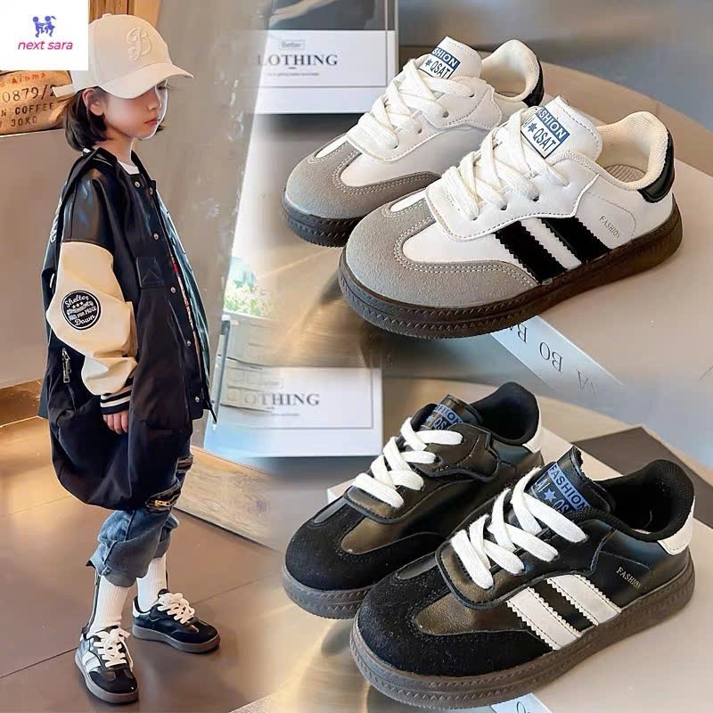 giày thể thao bé trai bé gái 2 sọc cổ thấp da PU mềm êm chân chống trượt QCCC full box mẫu mới cho bé từ3 tuổi v1003