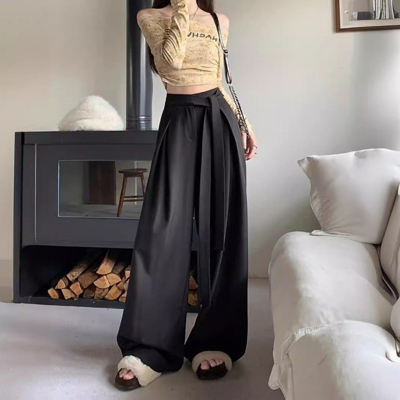 Quần Ống Rộng Hàng Loại 1, Quần Ống Suông Nữ Big Size Dài 105cm, Thiết Kế Dây Nơ Bản To Phong Cách Hot Trend