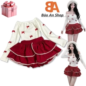 Sét áo thun lông Nhiều Nơ tay dài và chân váy 2 tầng phối ren lưng thun eo 58-75cm Free Size dưới 53kg Nữ Voi Top