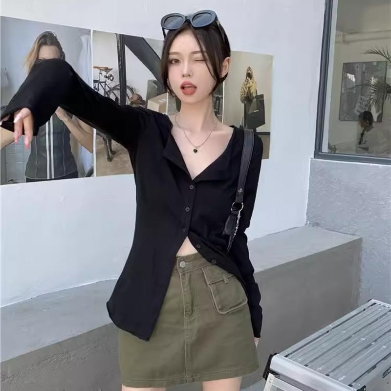 Áo Nữ Kiểu Tay Dài PINKSTORE29 Có Cúc Cài, Dáng Ôm Body, Cổ Kiểu Gợi Cảm A5557 Top Thun