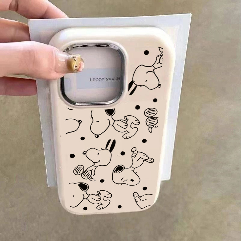Ốp Điện Thoại Cho IPhone 16e 16 Pro Max 15 14 13 12 11 Pro Max 7 8 16 Plus X XS Ốp Lưng Hoạt Hình Snoopy TPU Màu Kẹo Silicon Mạ Chống Sốc Ống Kính Kim Loại Mềm