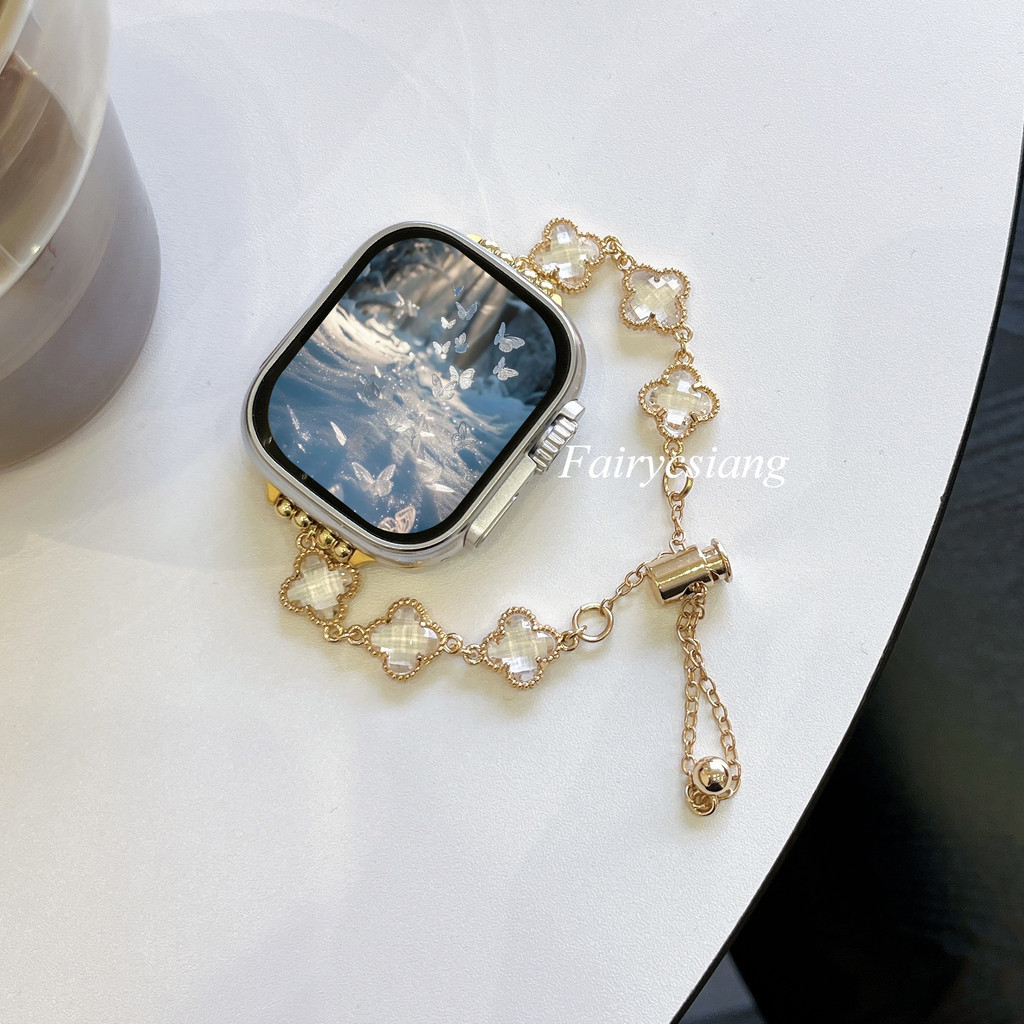 Dây đeo đồng hồ nữ có hạt cỏ ba lá mới cho Apple Watch Series 10 46MM 38 40 41 42 44 45 46 49mm cho vòng đeo tay iwatch 10 9 8 7 6 SE