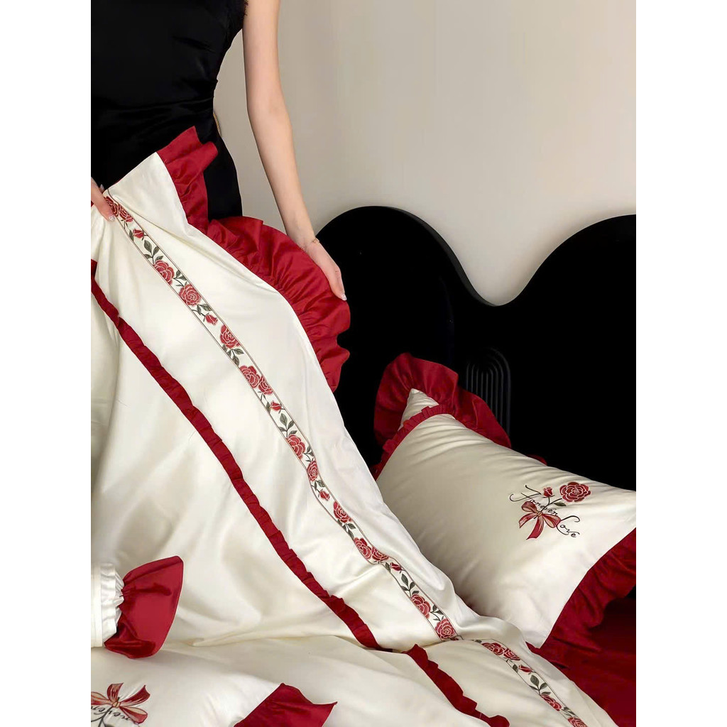 (L41439)Bộ Chăn Ga Gối Cotton 100s Mềm Mại Mát Mẻ Thêu Hoa Hồng Thiết Kế Bèo Nhúm Tinh Xảo- MemMinbedding Luxury