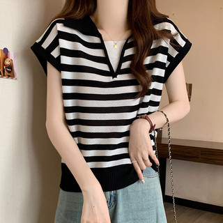 Size Lớn Giả Hai Mảnh Sọc Ngắn Tay Áo Thun Nữ Mùa Hè Béo mm Bao Bụng Mỏng Hơn Nhìn Băng Lụa Dệt Kim v @