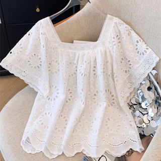 M-4XL Size Lớn Top Nữ Phong Cách Pháp Cổ Vuông Ren Áo Sơ Mi Tay Ngắn Mùa Hè 2025 Màu Trơn Rỗng Rời Ngắn Kích Thước Hàng Đầu Mỡ mm Bao Bụng Nữ Tay Ngắn Top Size Lớn Quần Áo Nữ