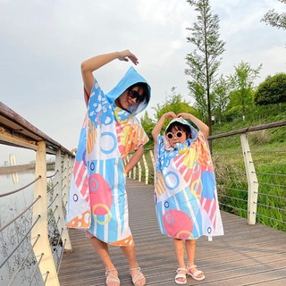 LOOKSHOW Khăn đi biển có mũ trùm đầu in hình cho người lớn Trẻ em Bể bơi khô nhanh Khăn tắm Poncho có áo choàng tắm B4J9
