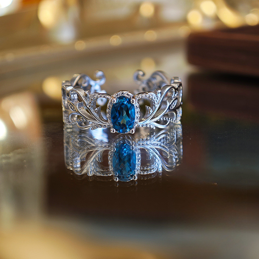 Chất Lượng Cao Tự Nhiên Cao Cấp London Xanh Topaz Nhẫn S925 Bạc Sapphire Nhẫn Châu Âu Mỹ Ánh Sáng Sang Trọng Thiết Kế Nhẫn Quà Tặng Ngày Lễ