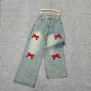 Quần jean xuông bigsize nữ phối nơ thêu đỏ xinh nổi bật thời trang phá cách size 50-92kg - Q551