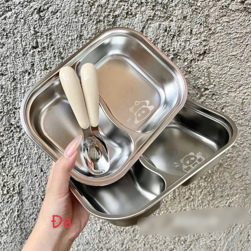 KHAY ĂN 2 NGĂN kèm thìa HÌNH THÚ - Khay ăn dặm inox 304 Dễ THƯƠNG CHO CÁC BÉ an toàn, dễ vệ sinh, chống rơi vỡ