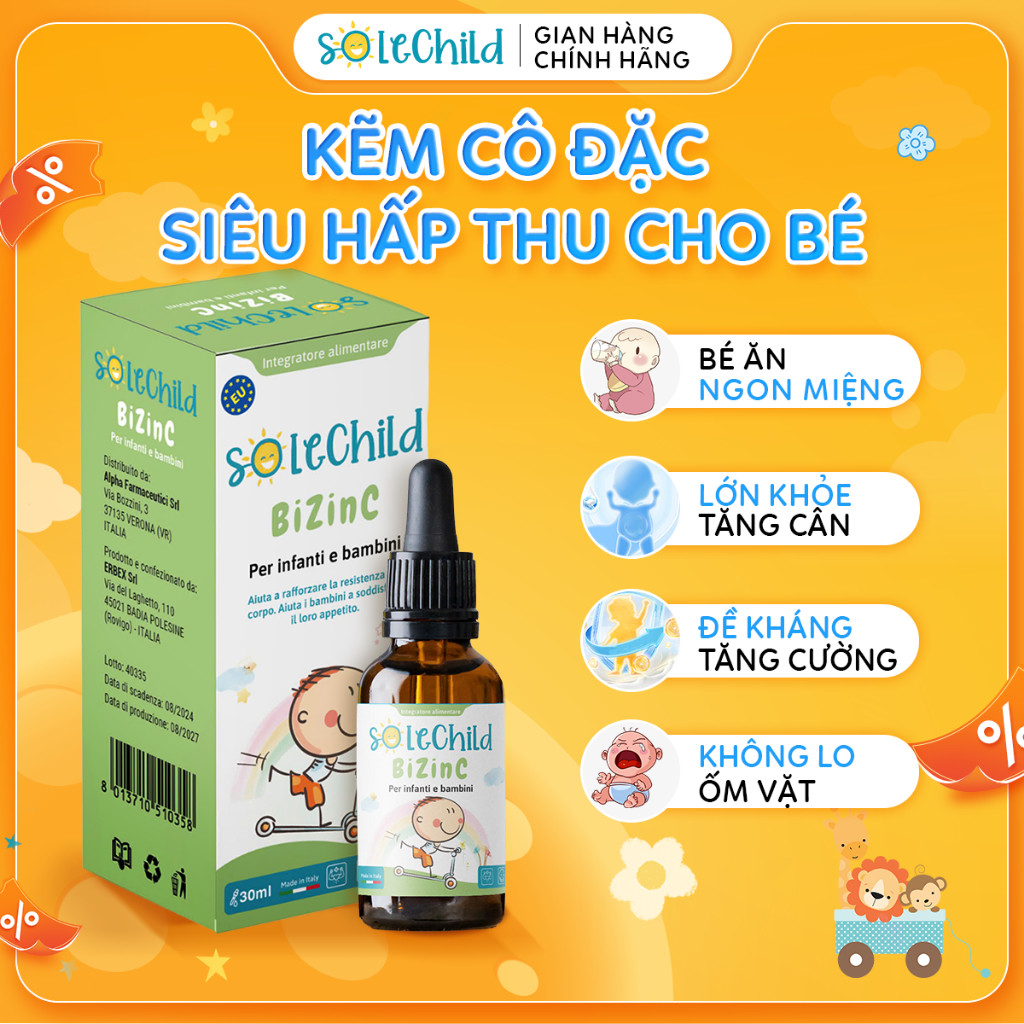 Kẽm Ăn Ngon Cho Bé SOLECHILD BiZinC 30ml Giúp Bé Ăn Nhiều Tăng Cân, Đề Kháng Khỏe, Giảm Ốm Vặt