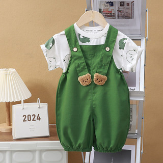 (6m-8Y) Quần Áo Cho Bé Toddle In Hình Gấu Hoạt Hình Tay Ngắn + Dây Treo 2 Dây Đeo Bé Trai Bé Gái Bộ Phong Cách Thời Trang Hàn Quốc