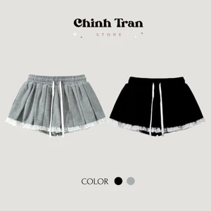 Chân Váy Xếp Ly Nữ Phối Ren Chất Thun Gân Năng Động Basic