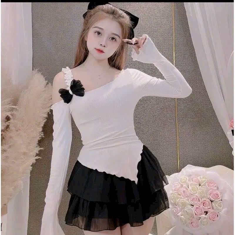 Áo thun đính nơ dây một bên vai , vạt xéo Nữ Top