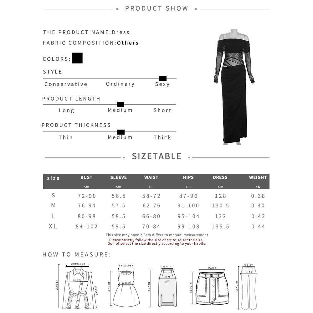 Klalien Đầm Lưới Cổ Chém Chắc Chắn Skinny Chắp Vá Rỗng Ra Không Đều Tay Dài Hình Eo Hông-Cover Thời Trang Ngọt Ngào